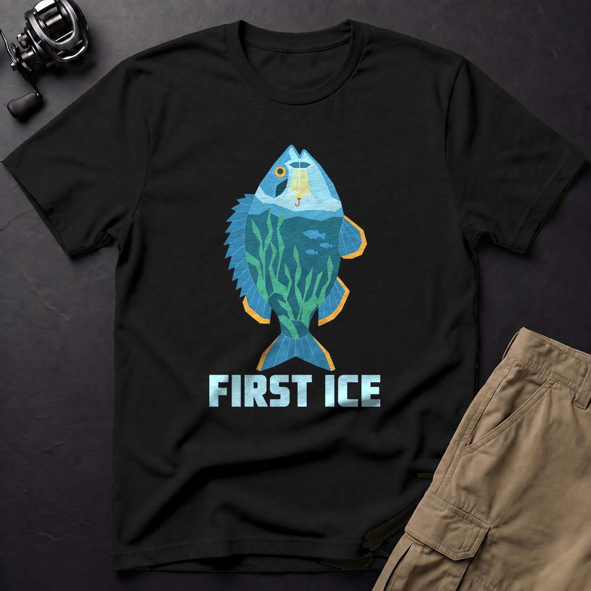 First Ice Bluegill Ice Fishing T-Shirt — Black