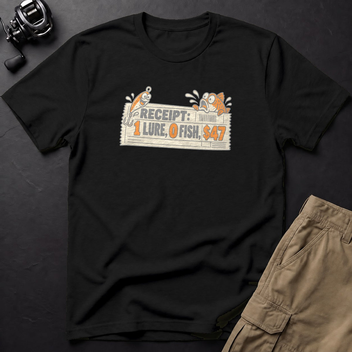 Receipt: 1 Lure, 0 Fish, $47 T-Shirt — Black
