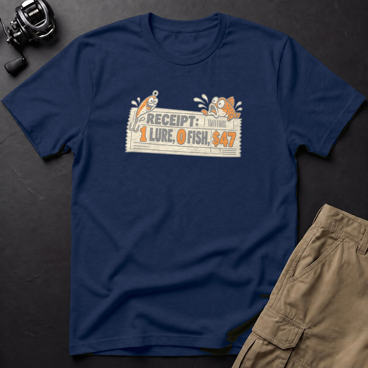 Receipt: 1 Lure, 0 Fish, $47 T-Shirt — True Navy