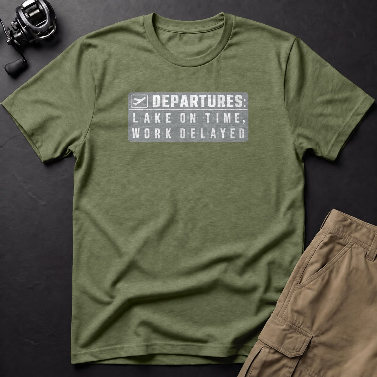 Departures: Lake on Time, Work Delayed T-Shirt — Moss