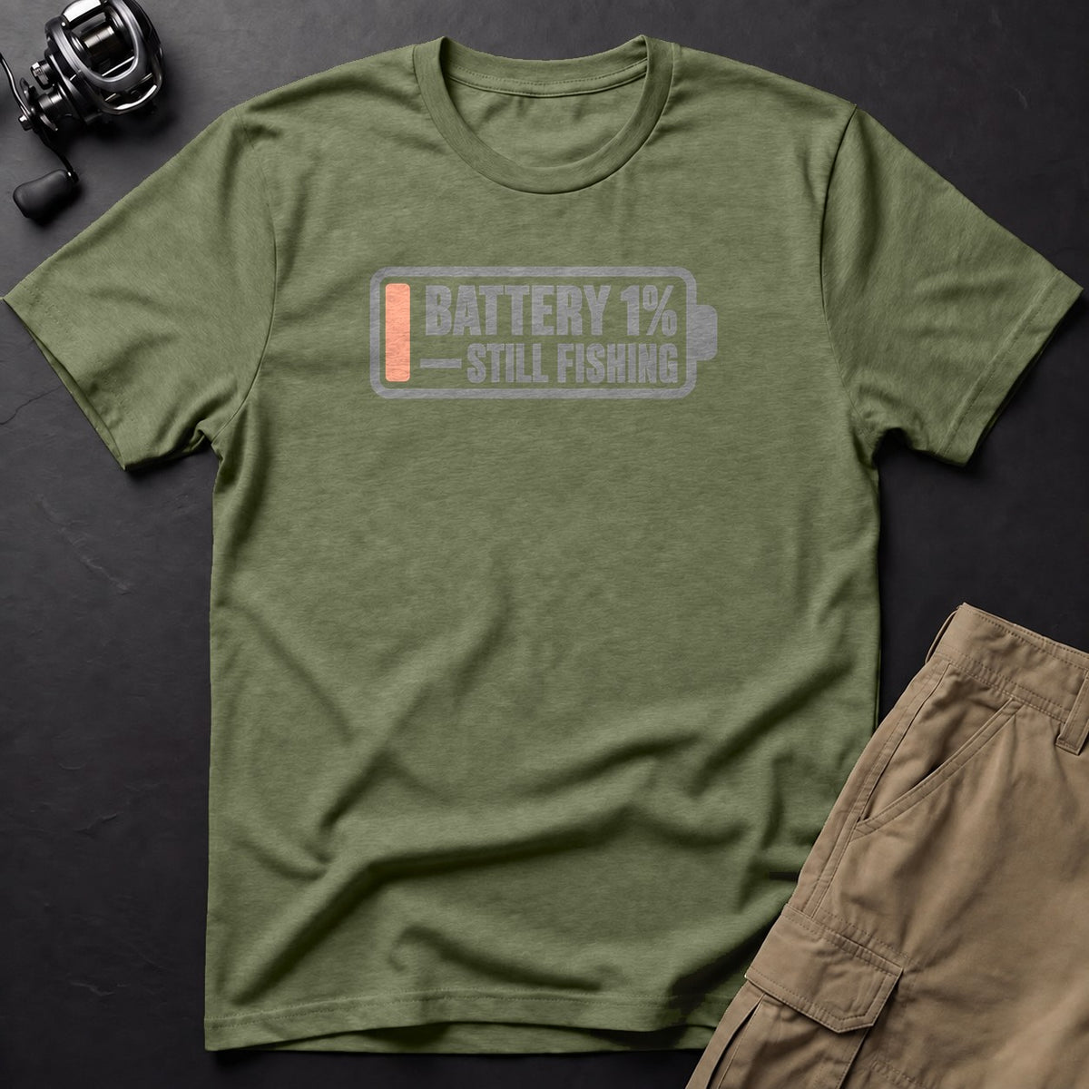 Battery 1% — Still Fishing T-Shirt — Moss