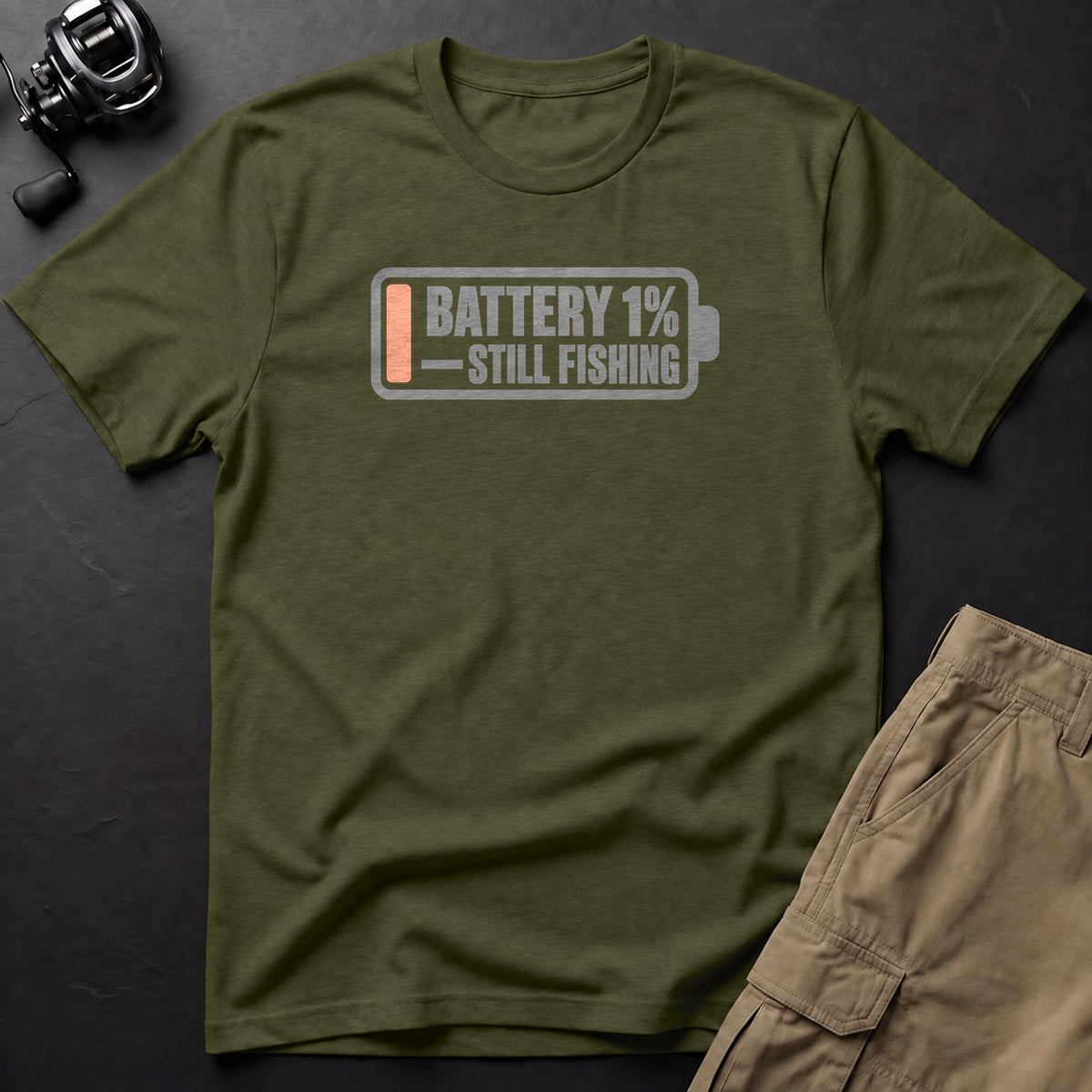 Battery 1% — Still Fishing T-Shirt — Sage