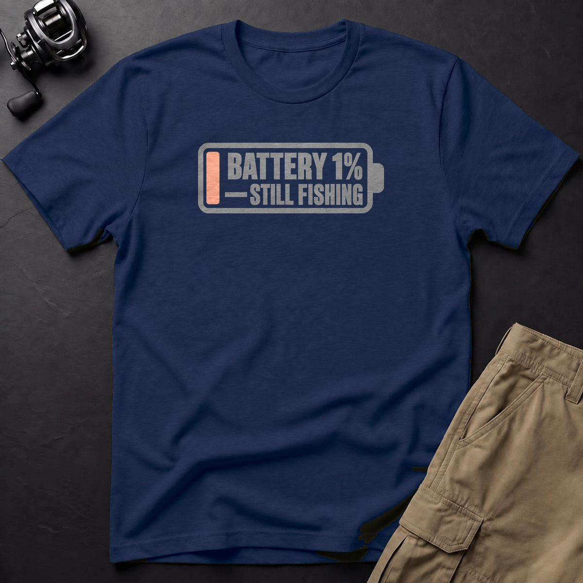 Battery 1% — Still Fishing T-Shirt — True Navy