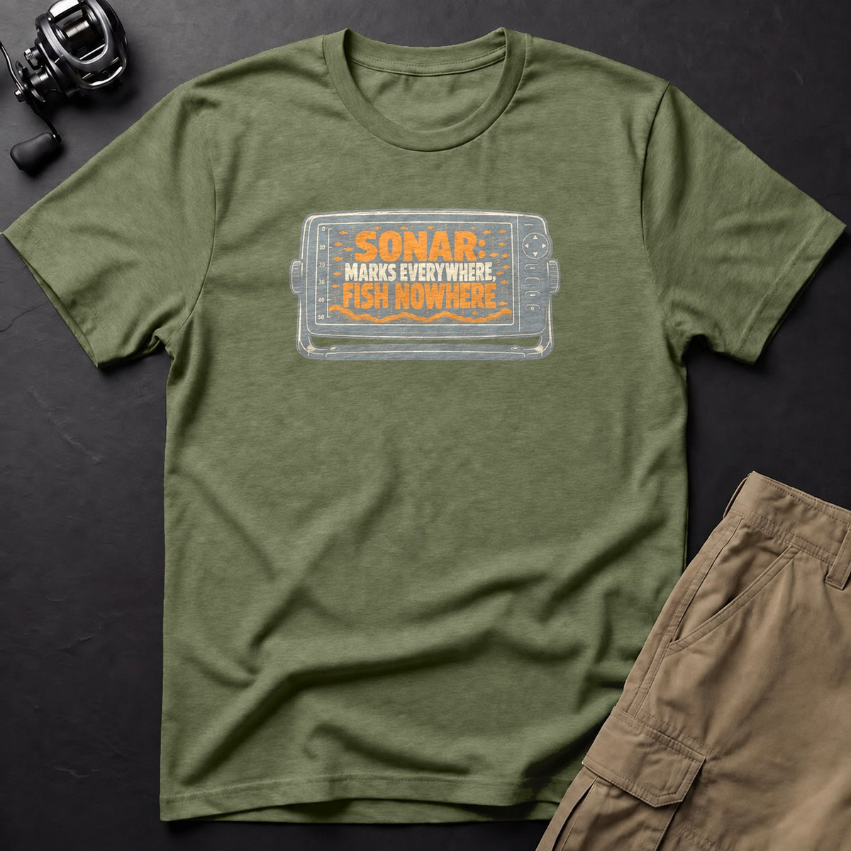 Sonar: Marks Everywhere, Fish Nowhere T-Shirt — Moss