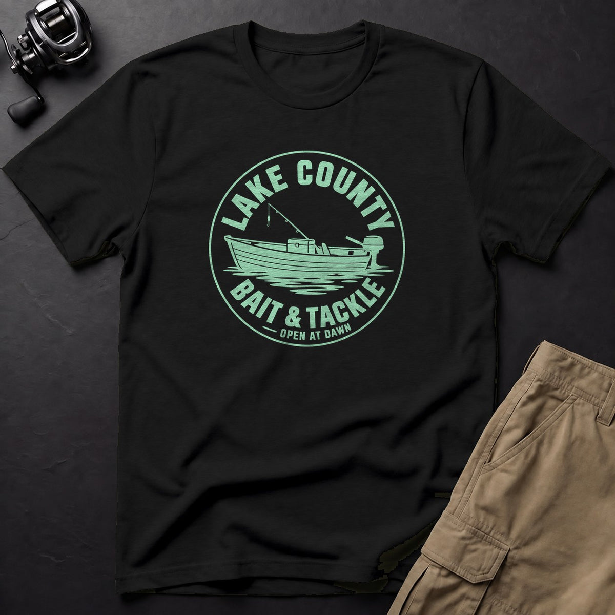 Lake County Bait & Tackle — Open at Dawn T-Shirt — Black