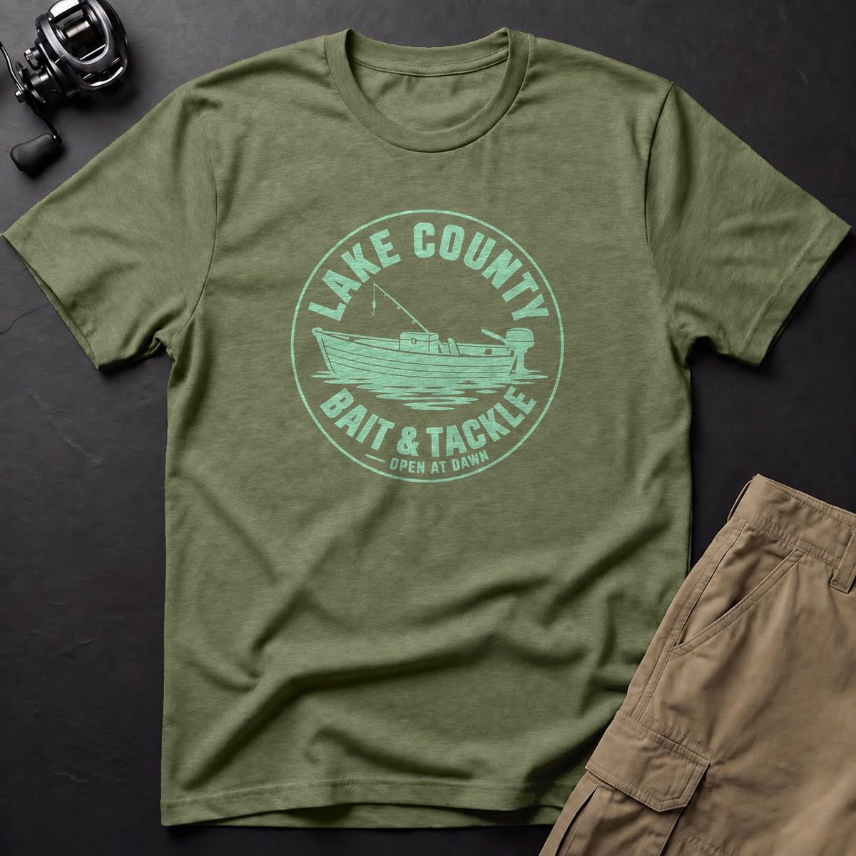 Lake County Bait & Tackle — Open at Dawn T-Shirt — Moss