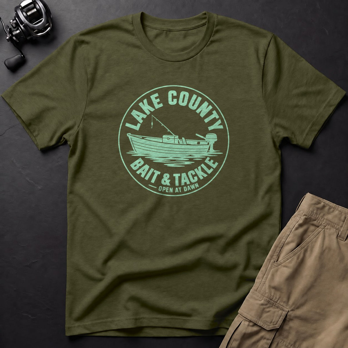 Lake County Bait & Tackle — Open at Dawn T-Shirt — Sage