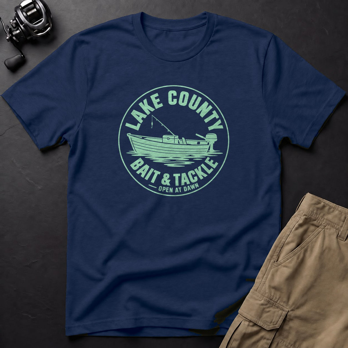 Lake County Bait & Tackle — Open at Dawn T-Shirt — True Navy